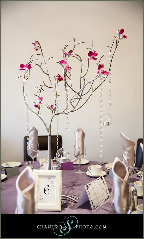 The Glenora has high beam ceilings which called for taller centerpieces. Our silver trees demand attention but don't obstruct the guests view over dinner. We hung glass bulbs with tea lights for a beautiful glow at after dark. We attached fuchsia orchids for a pop of color and crystal strands for sparkle.