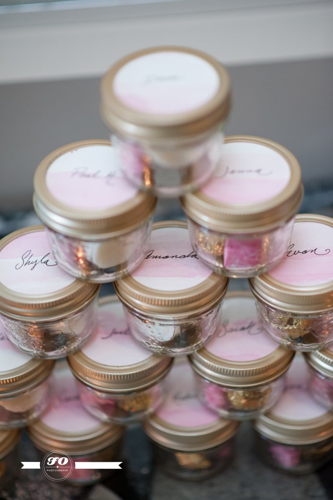 Favours. My few of my favourite things in jars adorned with watercolour and hand-written name tags.